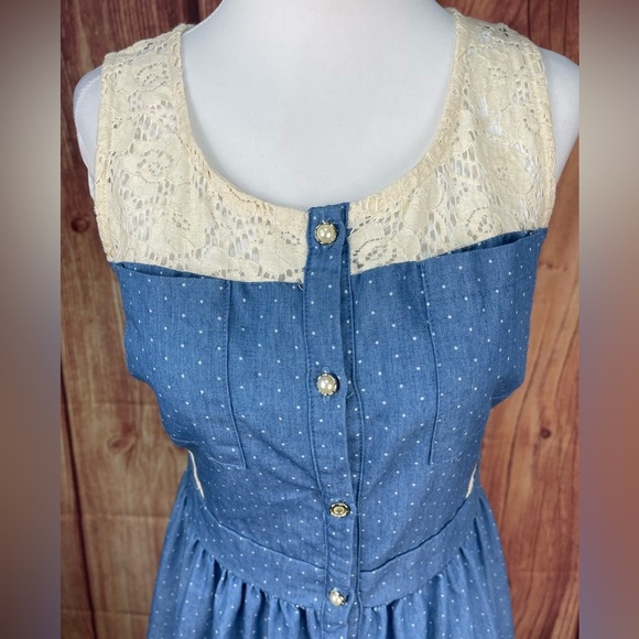Monteau cream lace blue cotton sleeveless button boho country mini dress size M - Picture 3 of 17